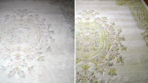 a before and after photo of a area rug cleaned with our amazing area rug cleaning techniques. best way to clean carpets and rugs.